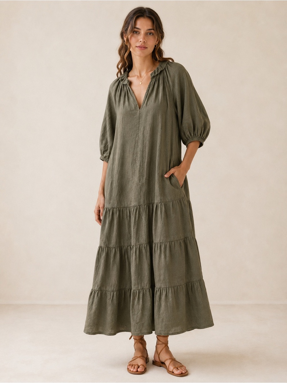 Velvet by Graham & Spencer Olive Green 100% Linen Boho Flowy Tiered Midi Dress